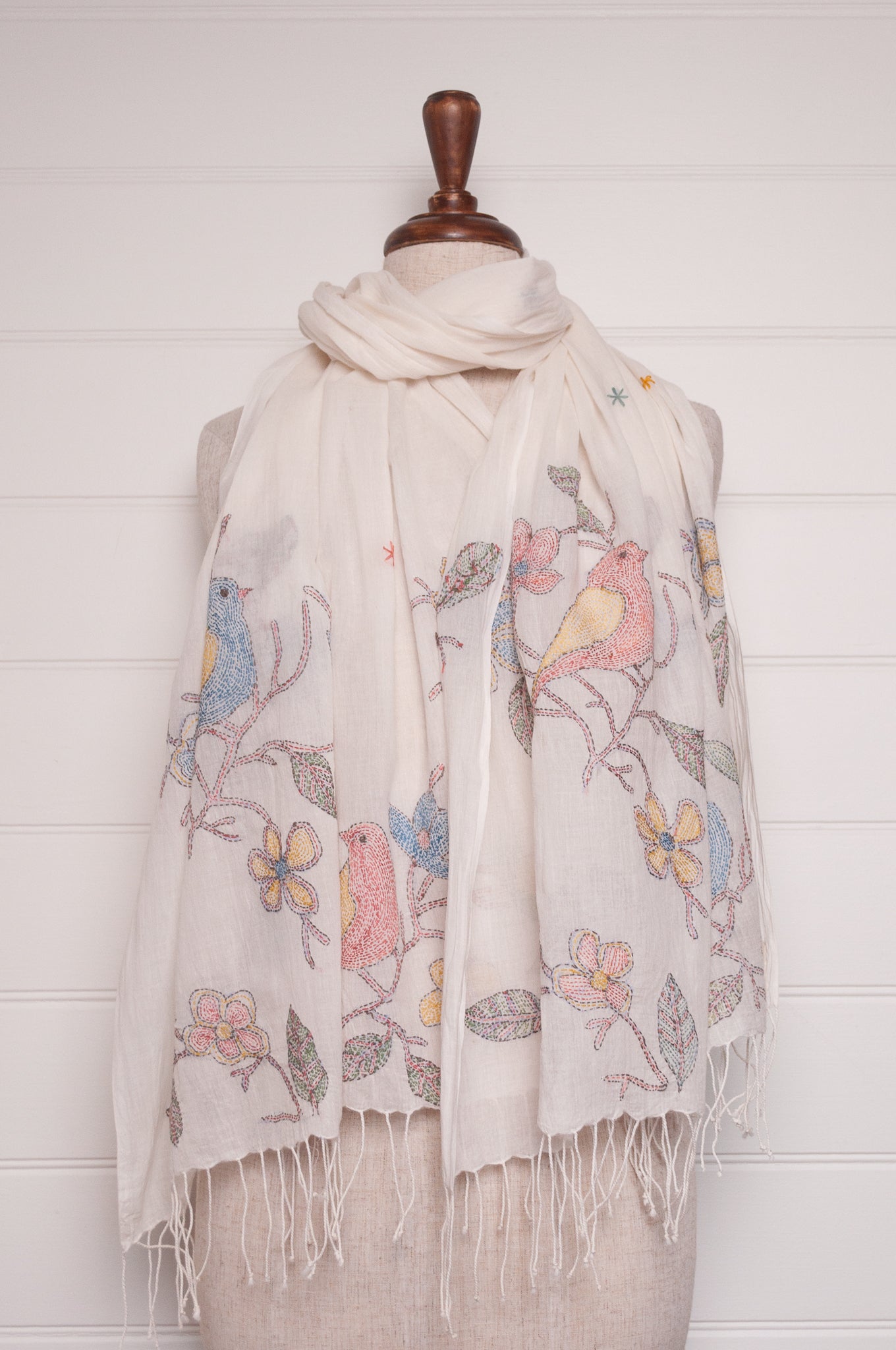 Khadi cotton hand embroidered scarf with blue and red birds and flowers.