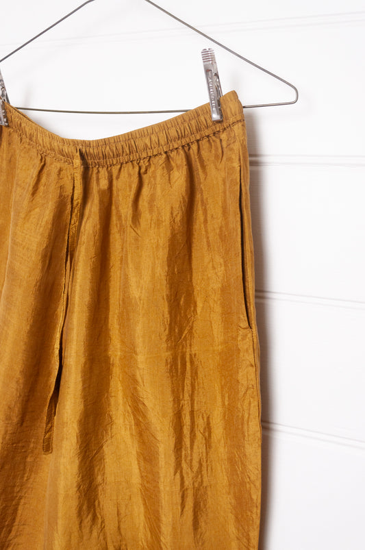 Handloom silk pyjama pants in mustard gold.