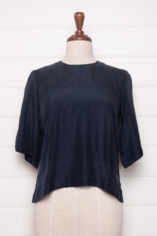 Handloom silk box top with mid length sleeves in ebony black.
