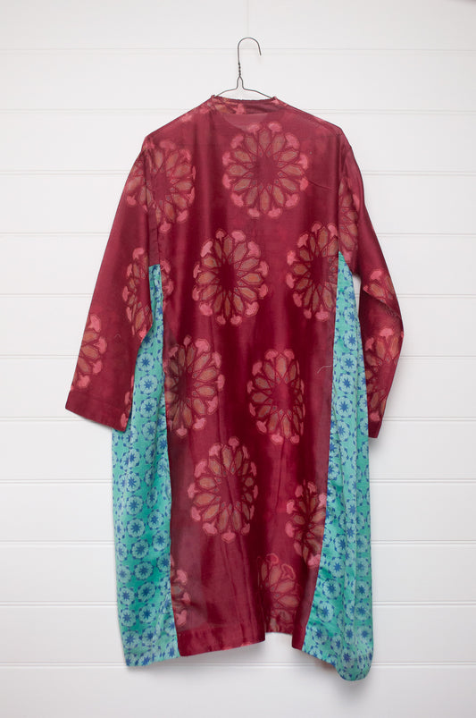 Blockprint cotton silk gathered side panel button up dress. In wine red and aqua blue.