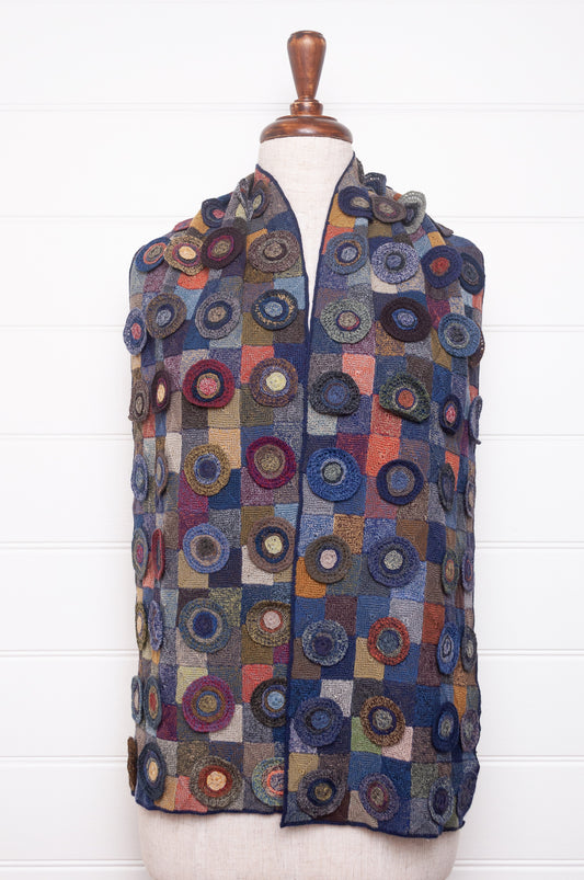 Sophie Digard crocheted wool scarf featuring patchwork with 3D rosettes in ink palette.