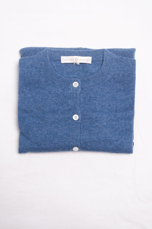 Juniper Hearth classic slimline cashmere cardigan in denim blue.