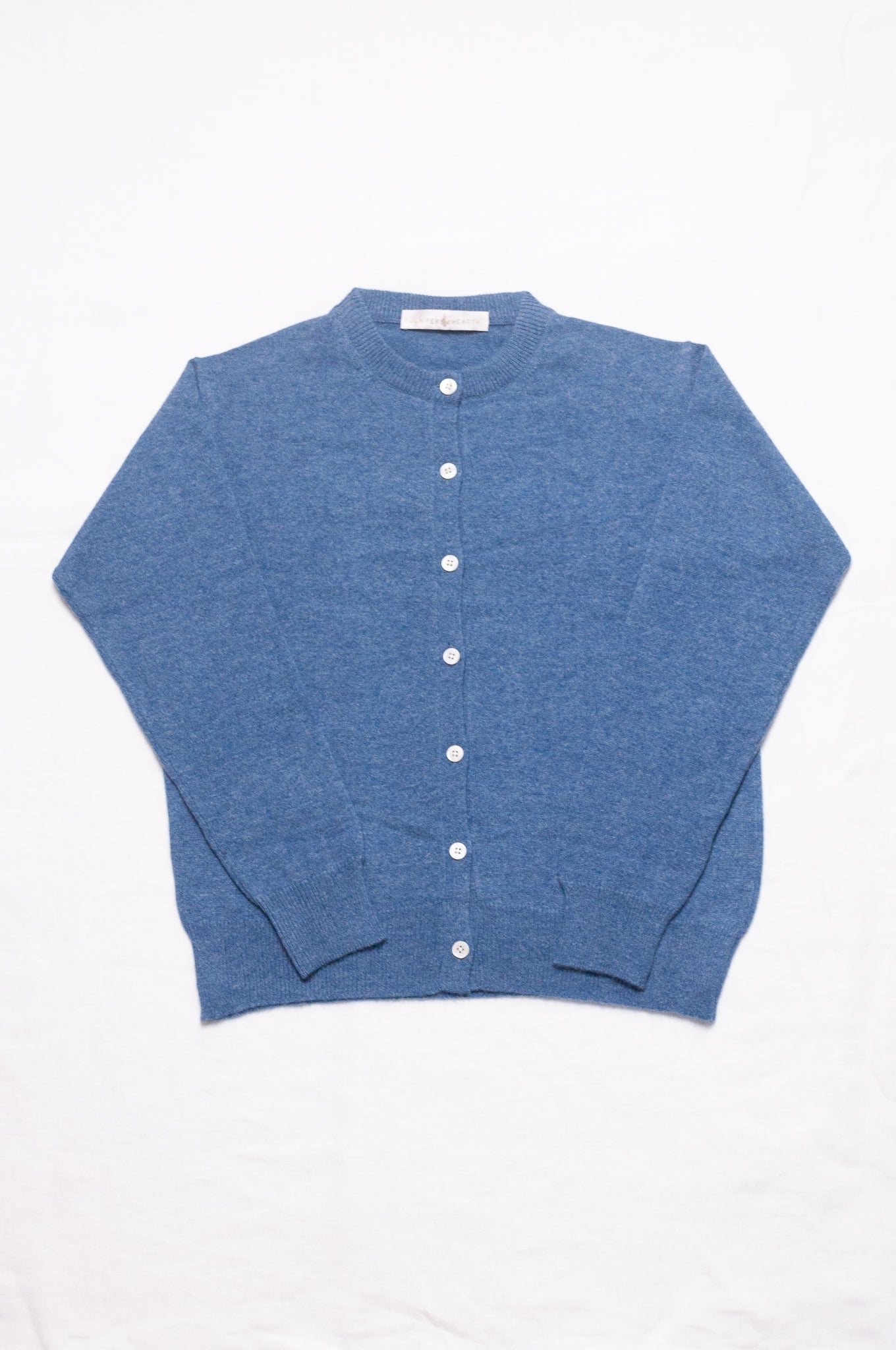 Juniper Hearth classic slimline cashmere cardigan in denim blue.