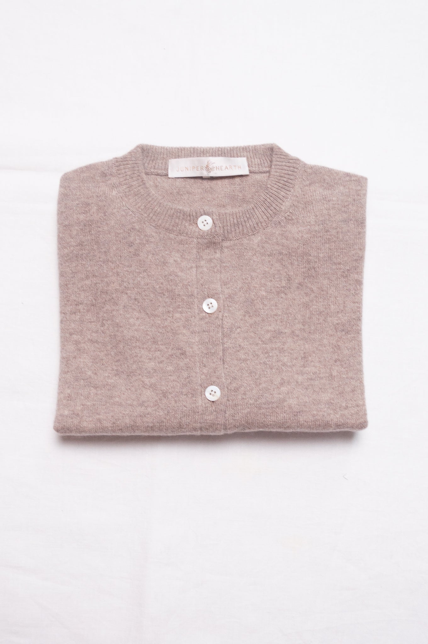 Juniper Hearth classic slimline cashmere cardigan in beige brown.