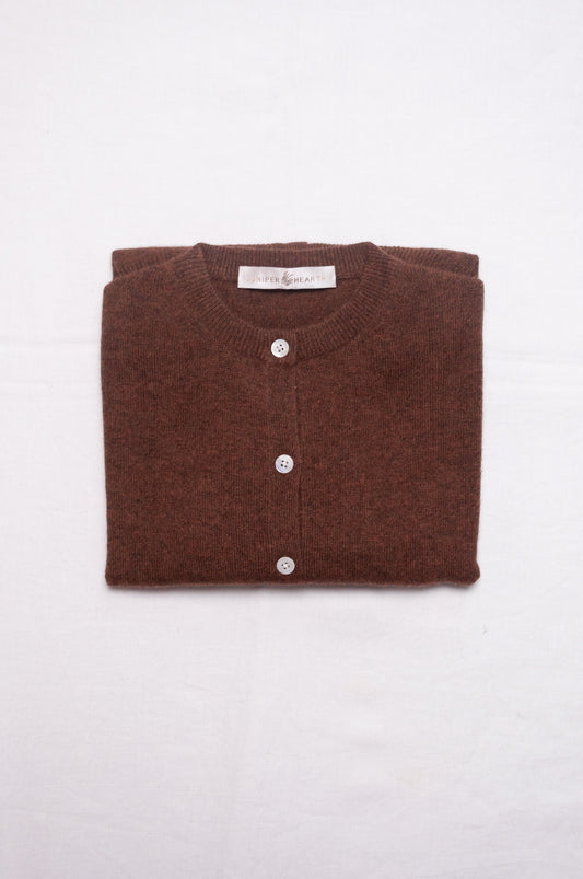 Juniper Hearth classic slimline cashmere cardigan in umber brown.