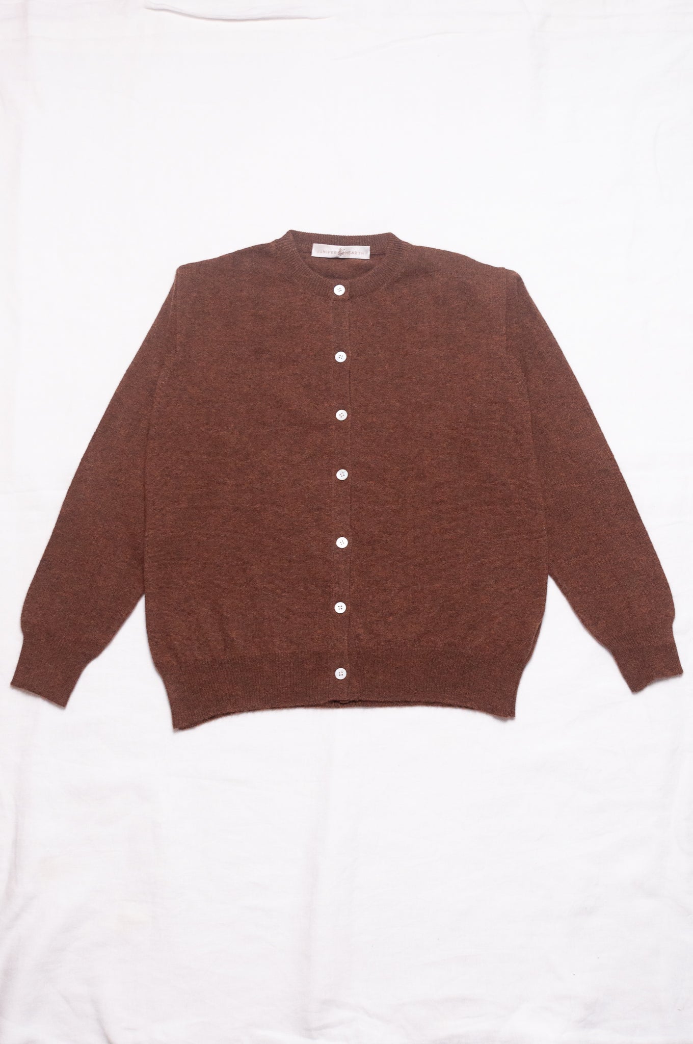 Juniper Hearth classic slimline cashmere cardigan in umber brown.