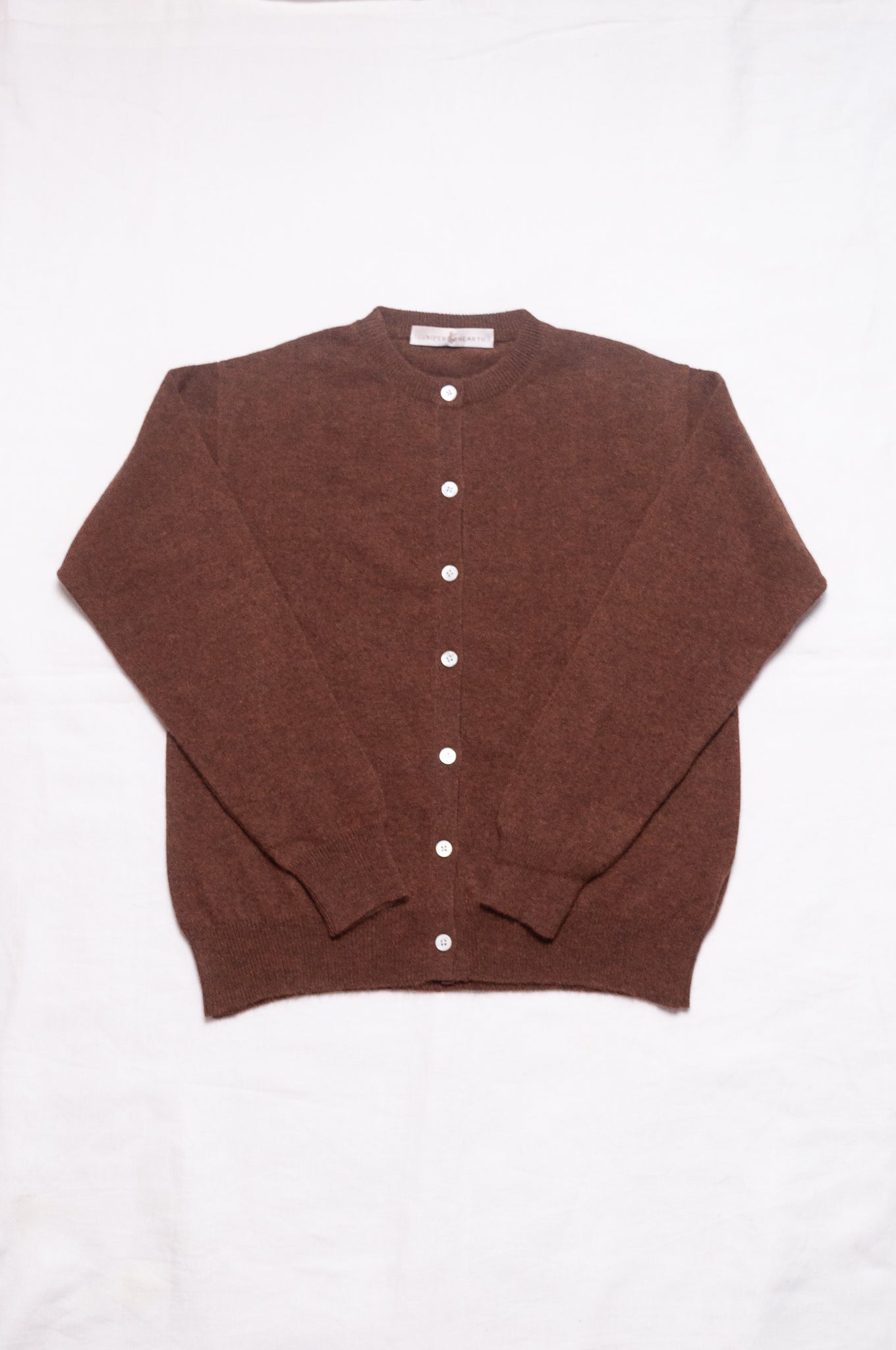 Juniper Hearth classic slimline cashmere cardigan in umber brown.