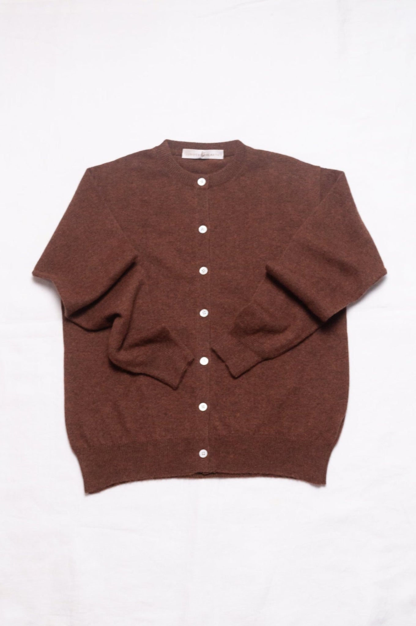 Juniper Hearth classic slimline cashmere cardigan in umber brown.