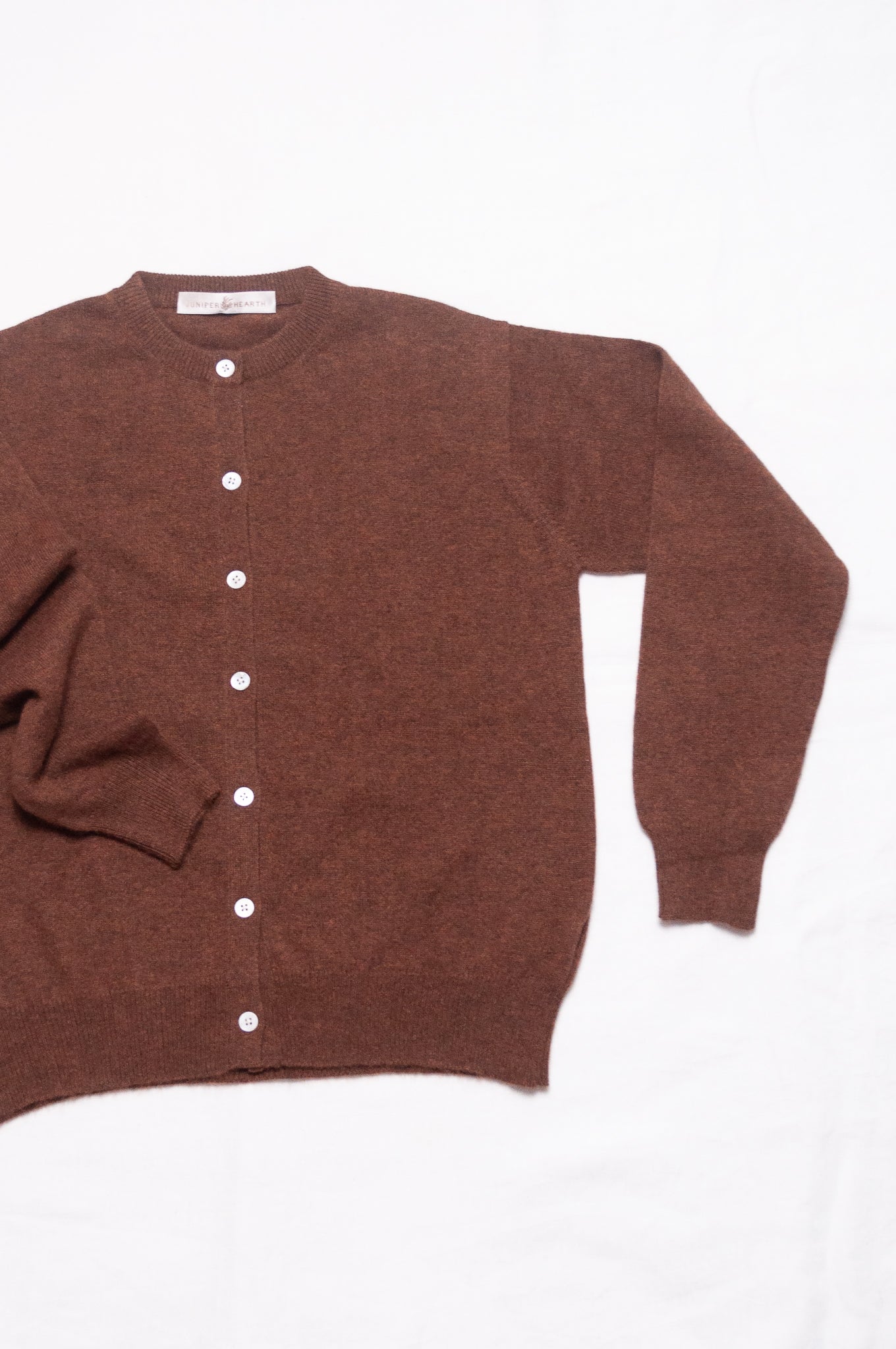 Juniper Hearth classic slimline cashmere cardigan in umber brown.