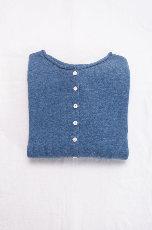 One size reversible pure cashere cardi sweater in denim blue.
