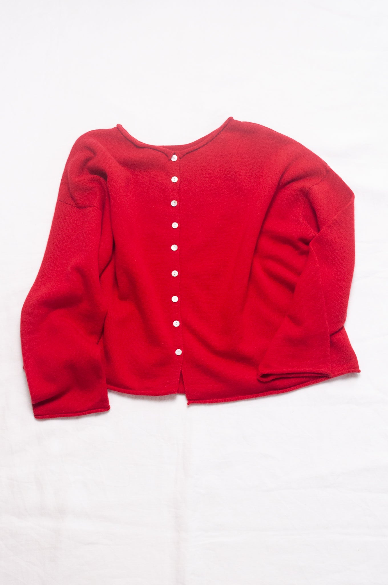 Juniper Hearth one size reversible cardigan sweater in scarlet red cashmere.