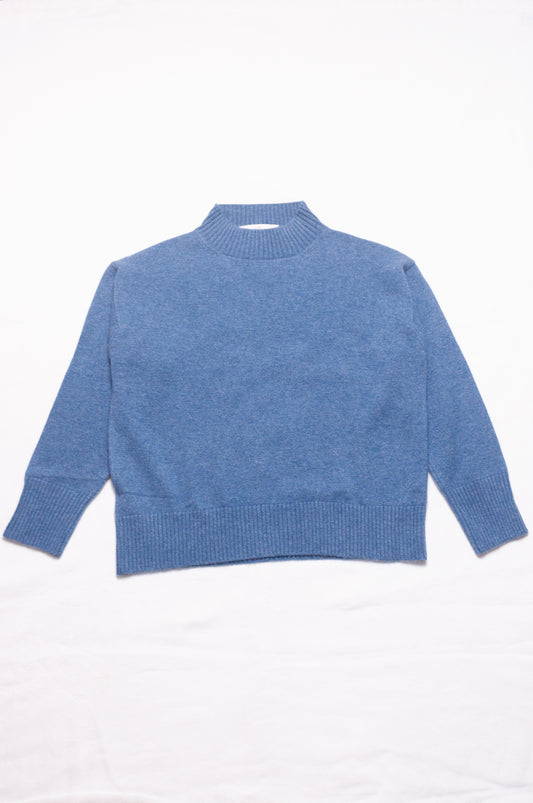 Juniper Hearth high neck turtleneck cashmere sweater in denim blue.