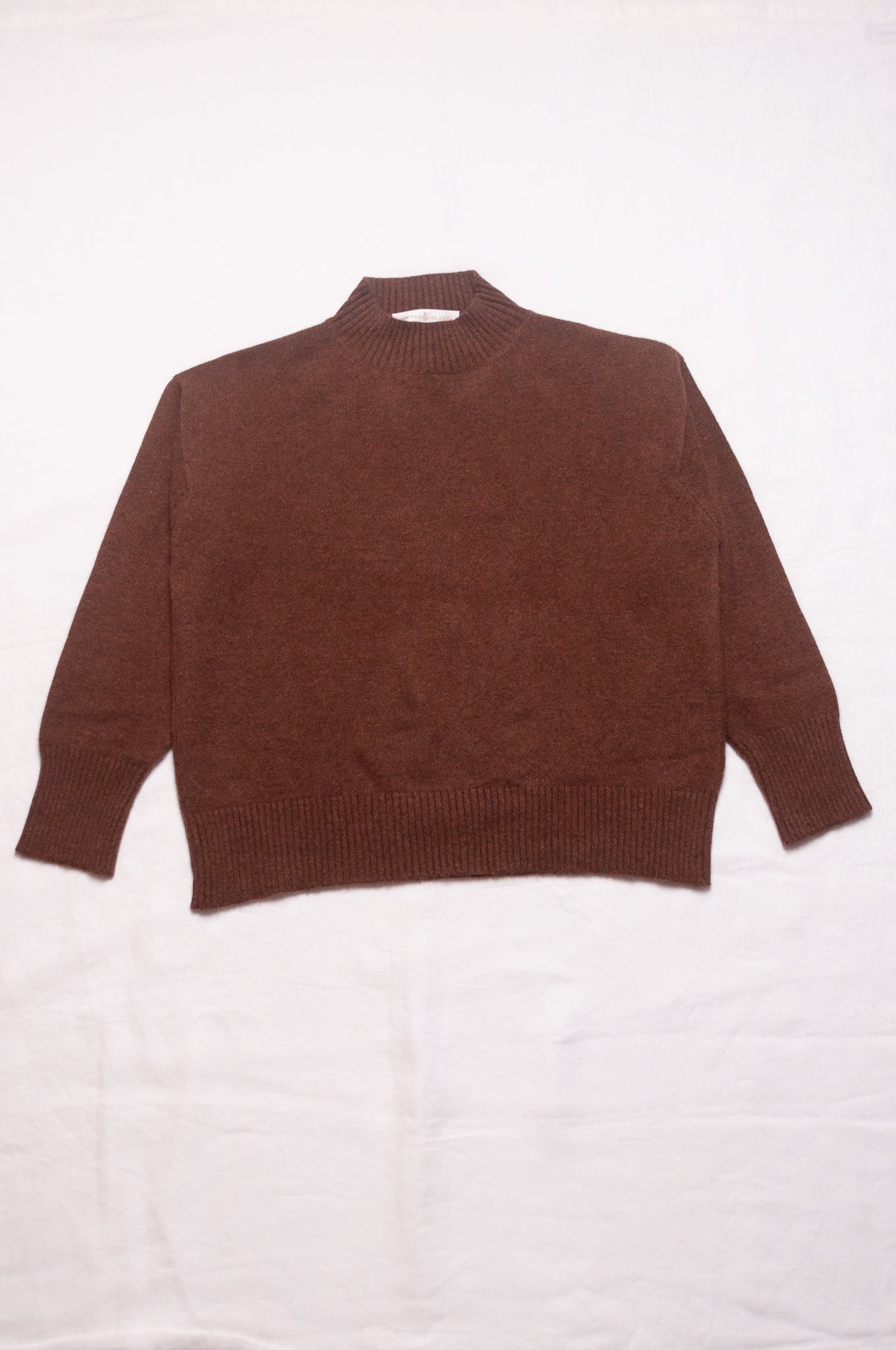Juniper Hearth high neck turtleneck cashmere sweater in umber brown.