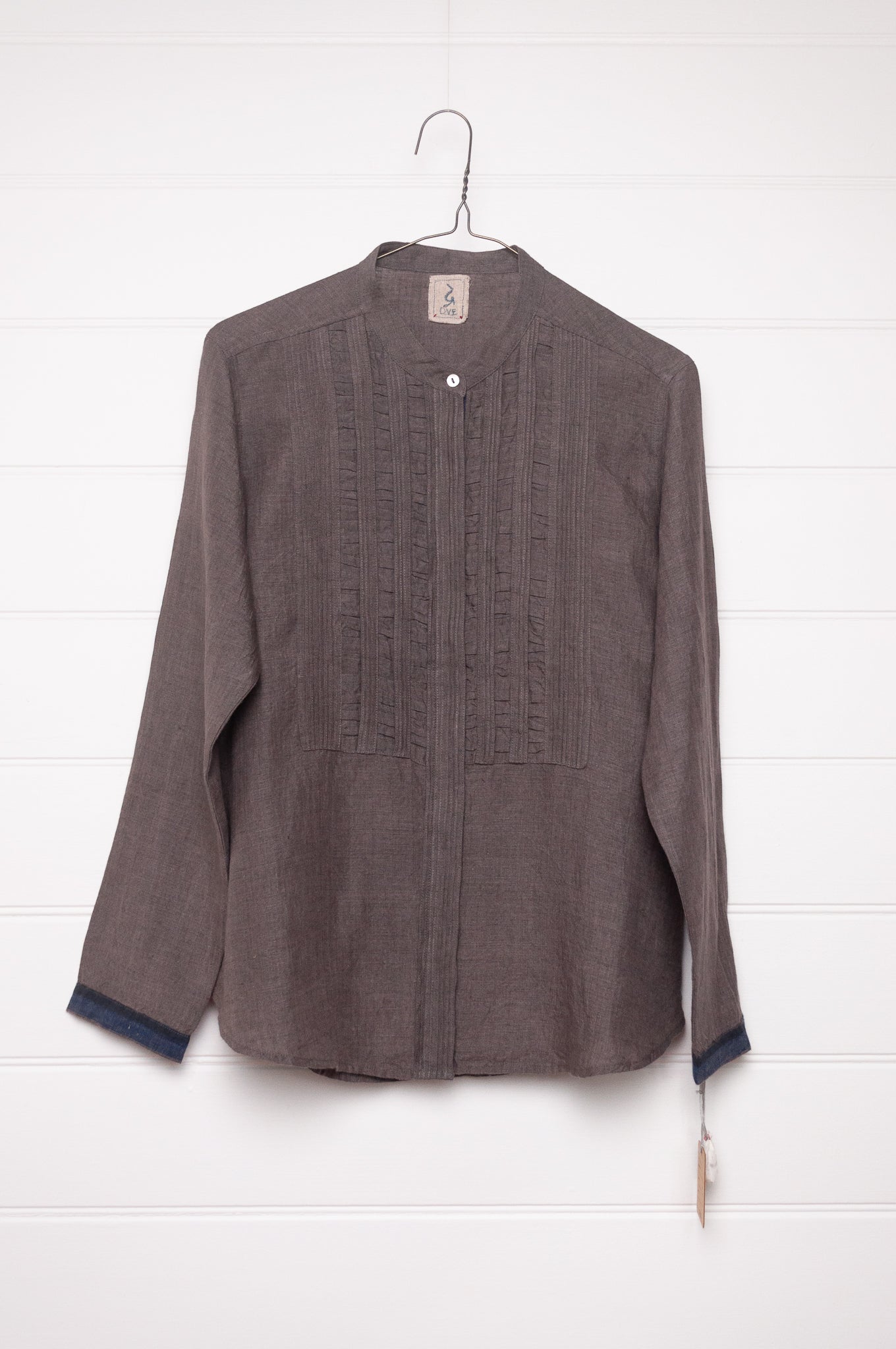 DVE Gargi linen blouse pintucked and ruched bodice in storm grey.