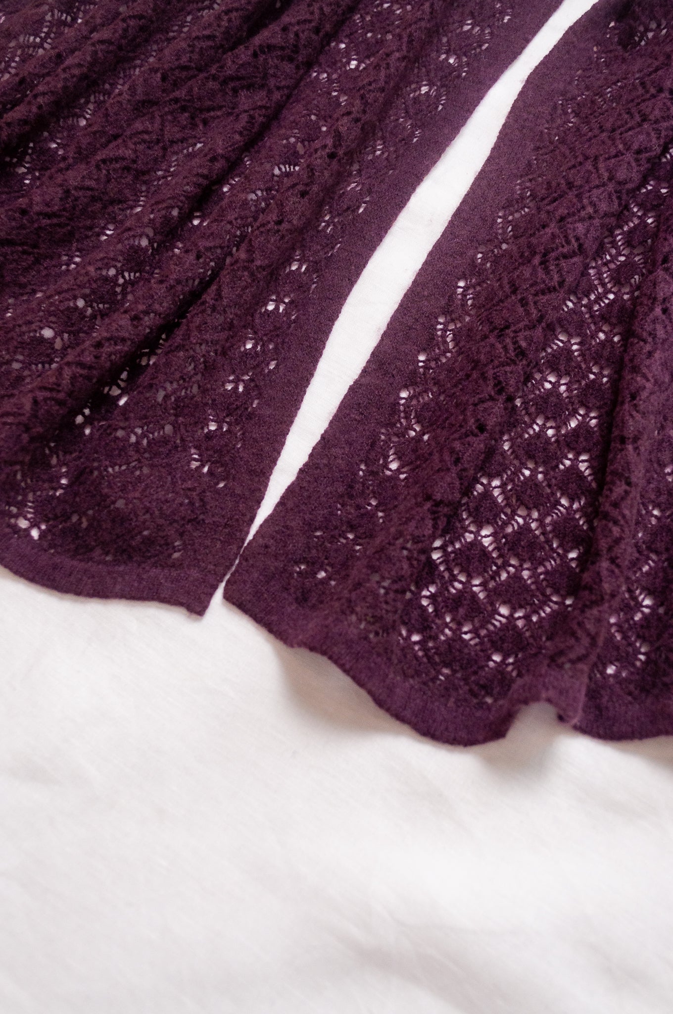 Cashmere wool blend lace work scarf wrap shawl in aubergine.