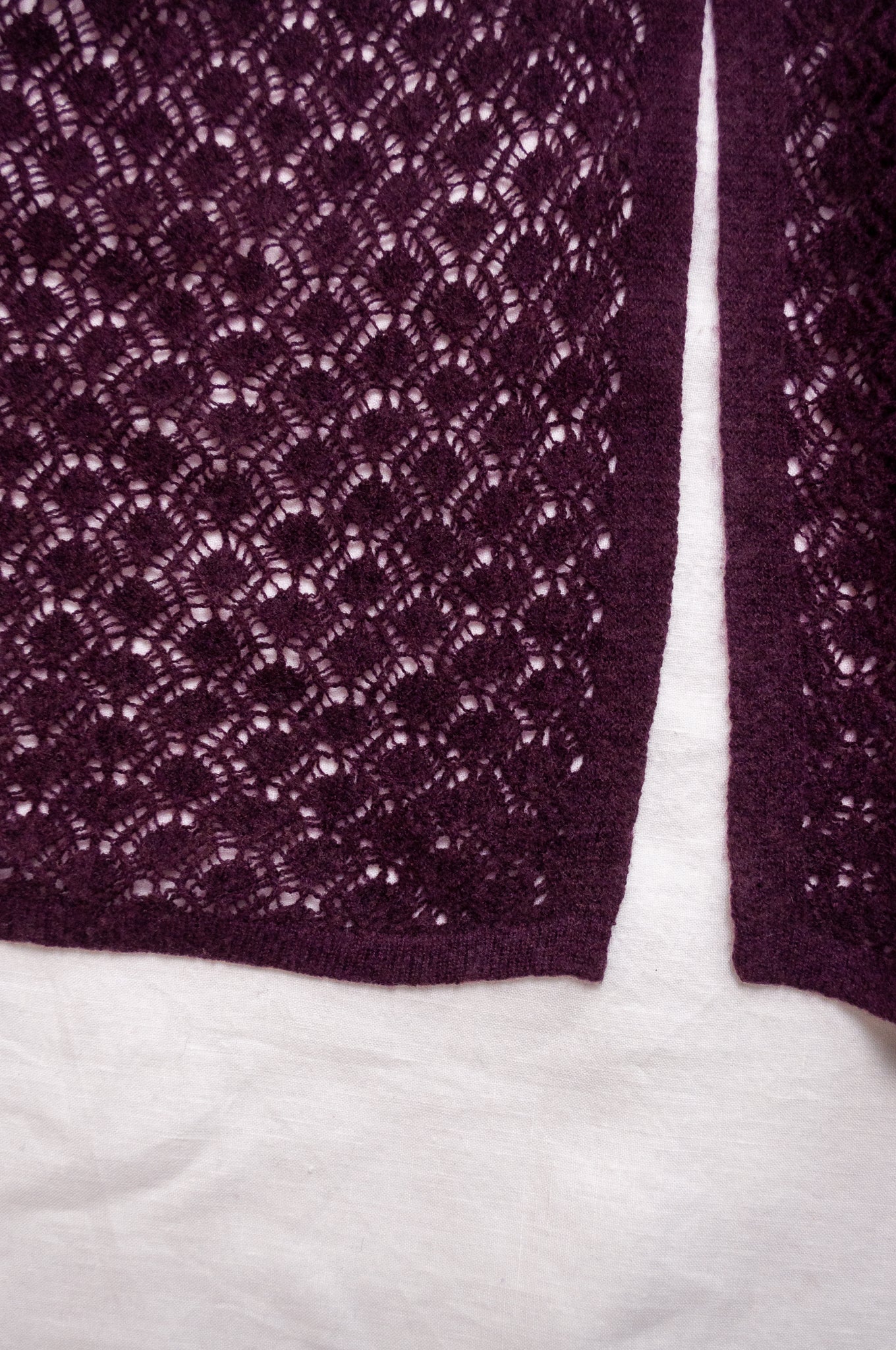 Cashmere wool blend lace work scarf wrap shawl in aubergine.