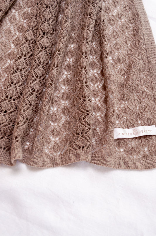 Cashmere wool blend lace work scarf wrap shawl in oatmeal beige chestnut.