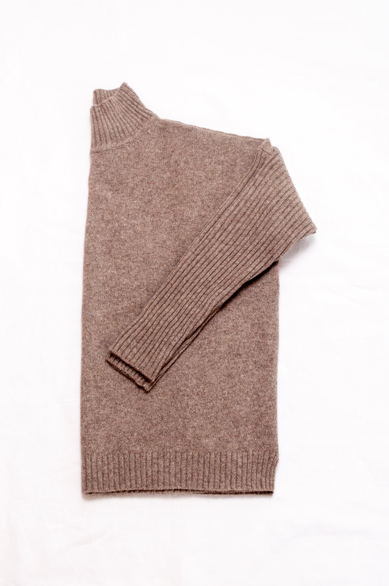 Maxim one size turtle neck rib sleeve sweater in natural baby yak wool.