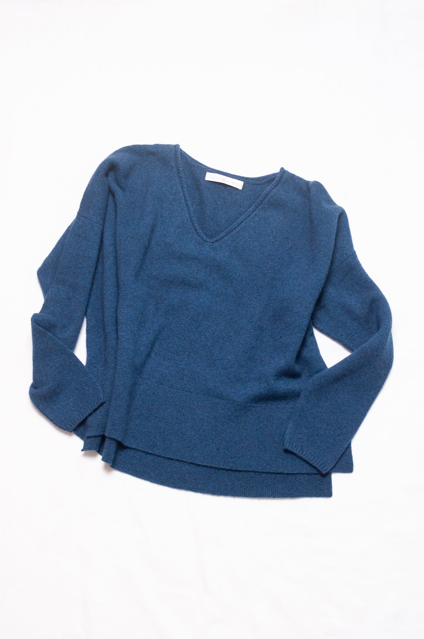 Baby yak wool Iris sweater V-neck loose fit in sapphire blue.