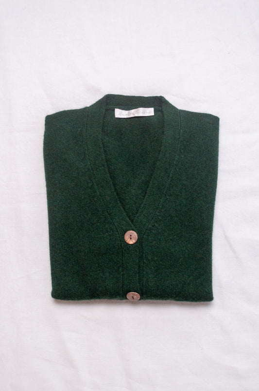 Baby yak wool Ines V-neck button up cardigan in hunter green.