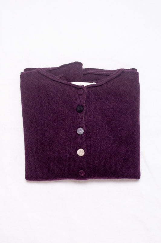 One size reversible baby yak wool cardigan in aubergine.
