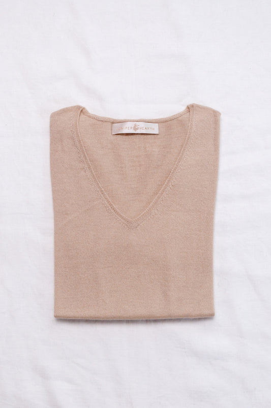Lightweight pure cashmere sweater skin base layer in oatmeal.
