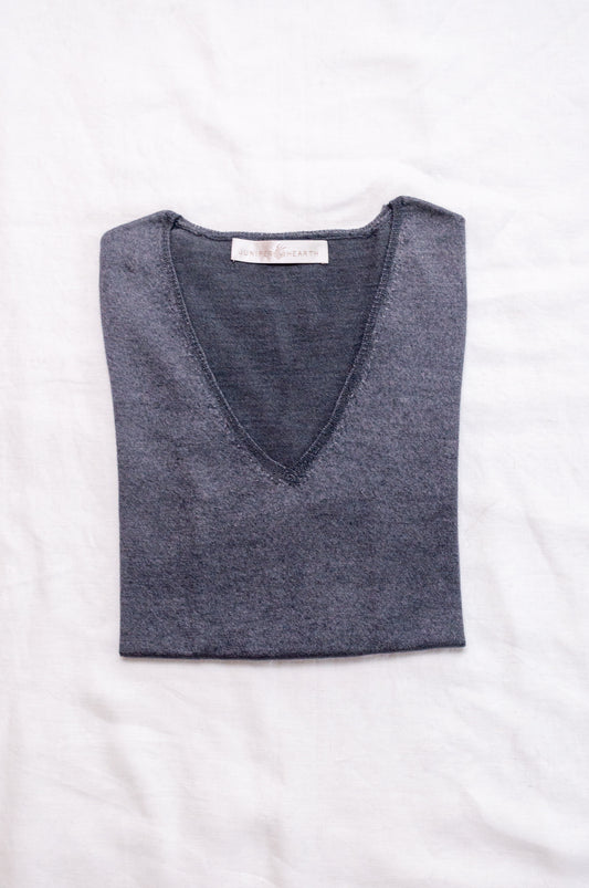Lightweight pure cashmere sweater skin base layer in dark charcoal grey.