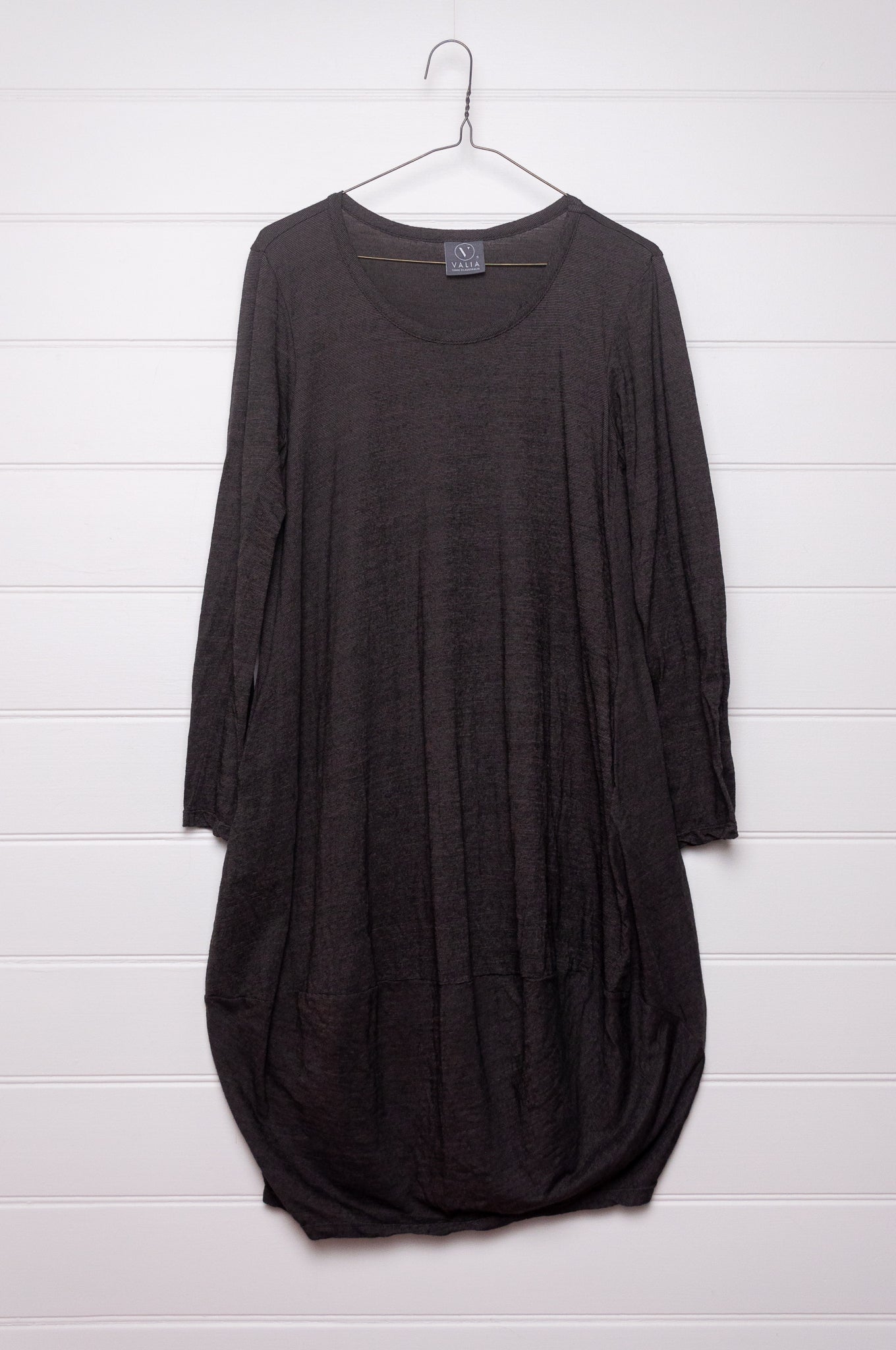 Valia Giorgio wool merino jersey long sleeve dress in slate charcoal grey.
