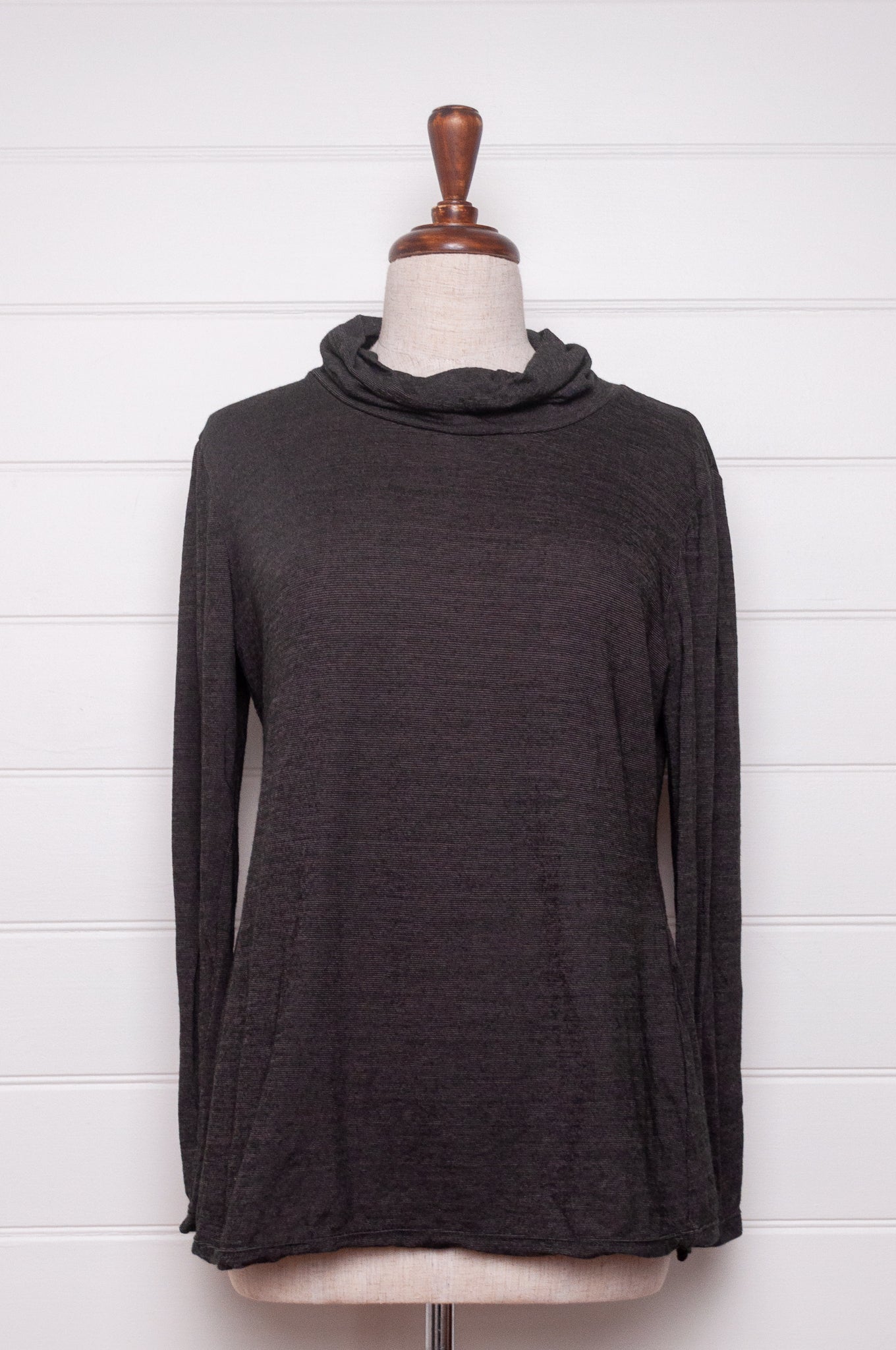 Valia V-merino high neck merino wool jersey long sleeve top in slate charcoal grey.
