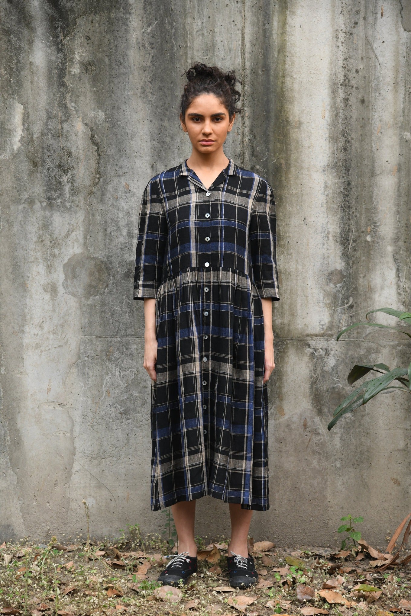 DVE indigo and black plaid linen button up shirt dress, Tara.