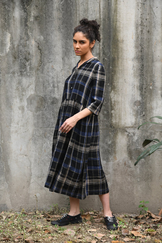 DVE indigo and black plaid linen button up shirt dress, Tara.