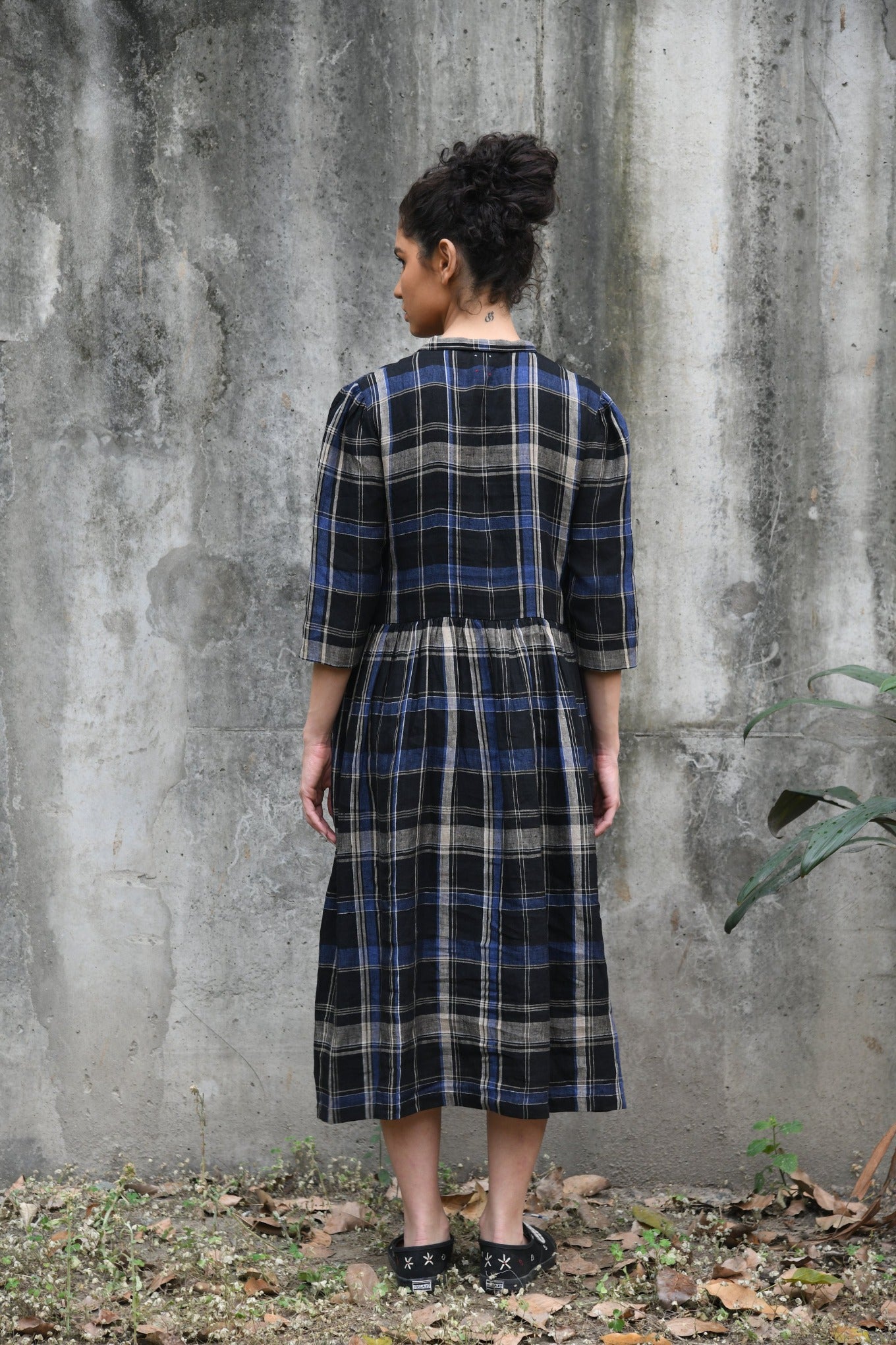 DVE indigo and black plaid linen button up shirt dress, Tara.