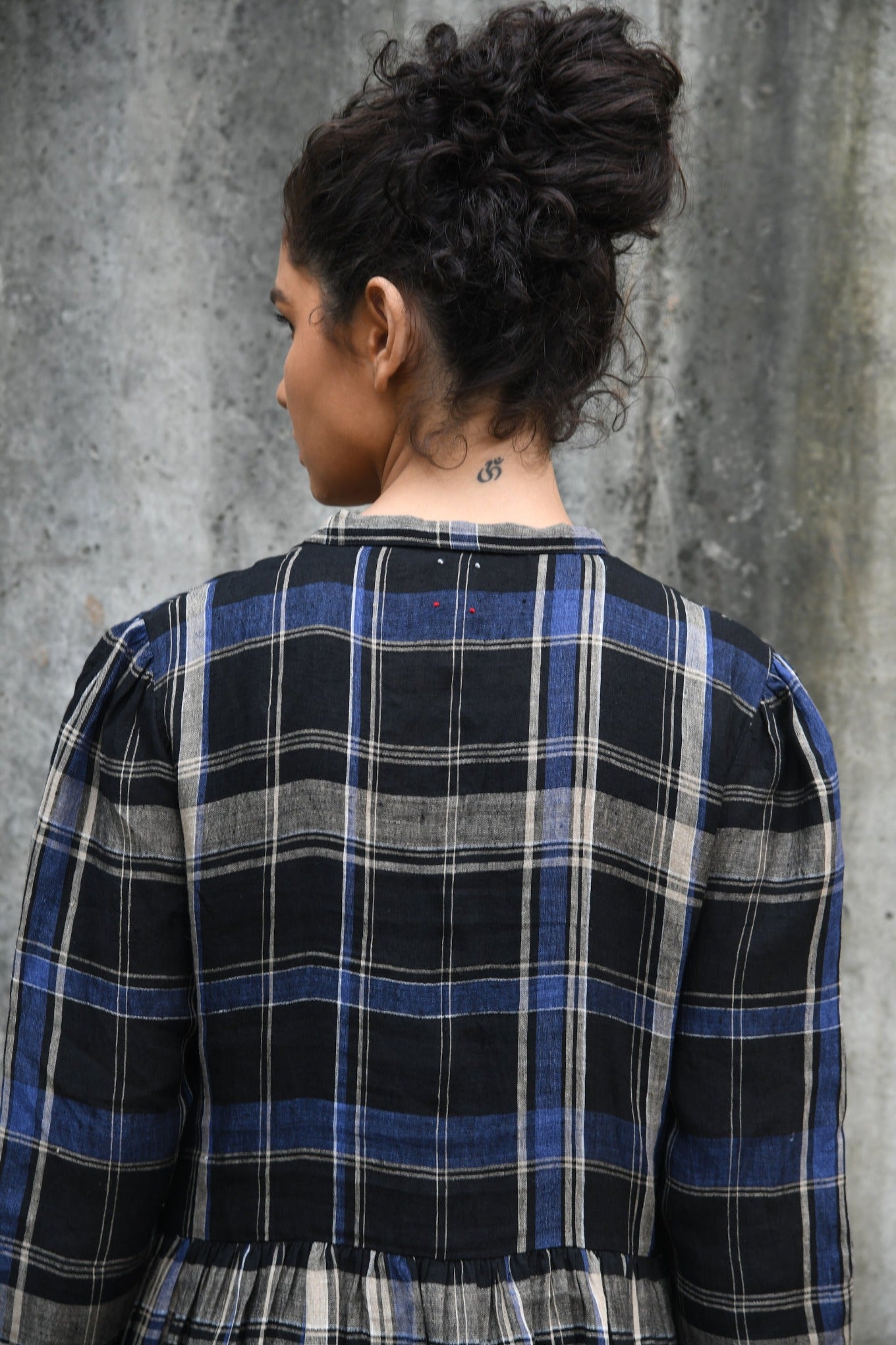 DVE indigo and black plaid linen button up shirt dress, Tara.