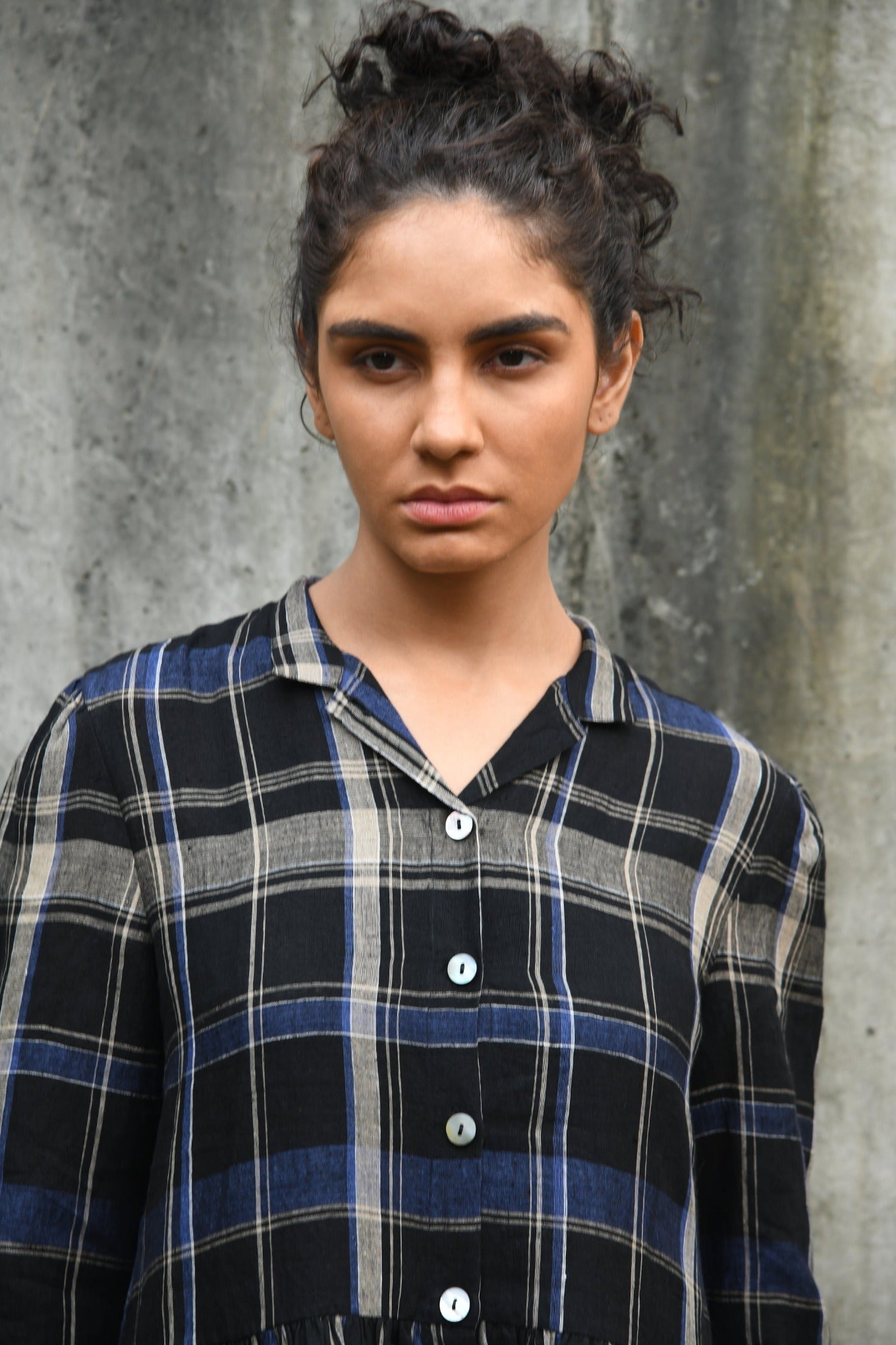 DVE indigo and black plaid linen button up shirt dress, Tara.