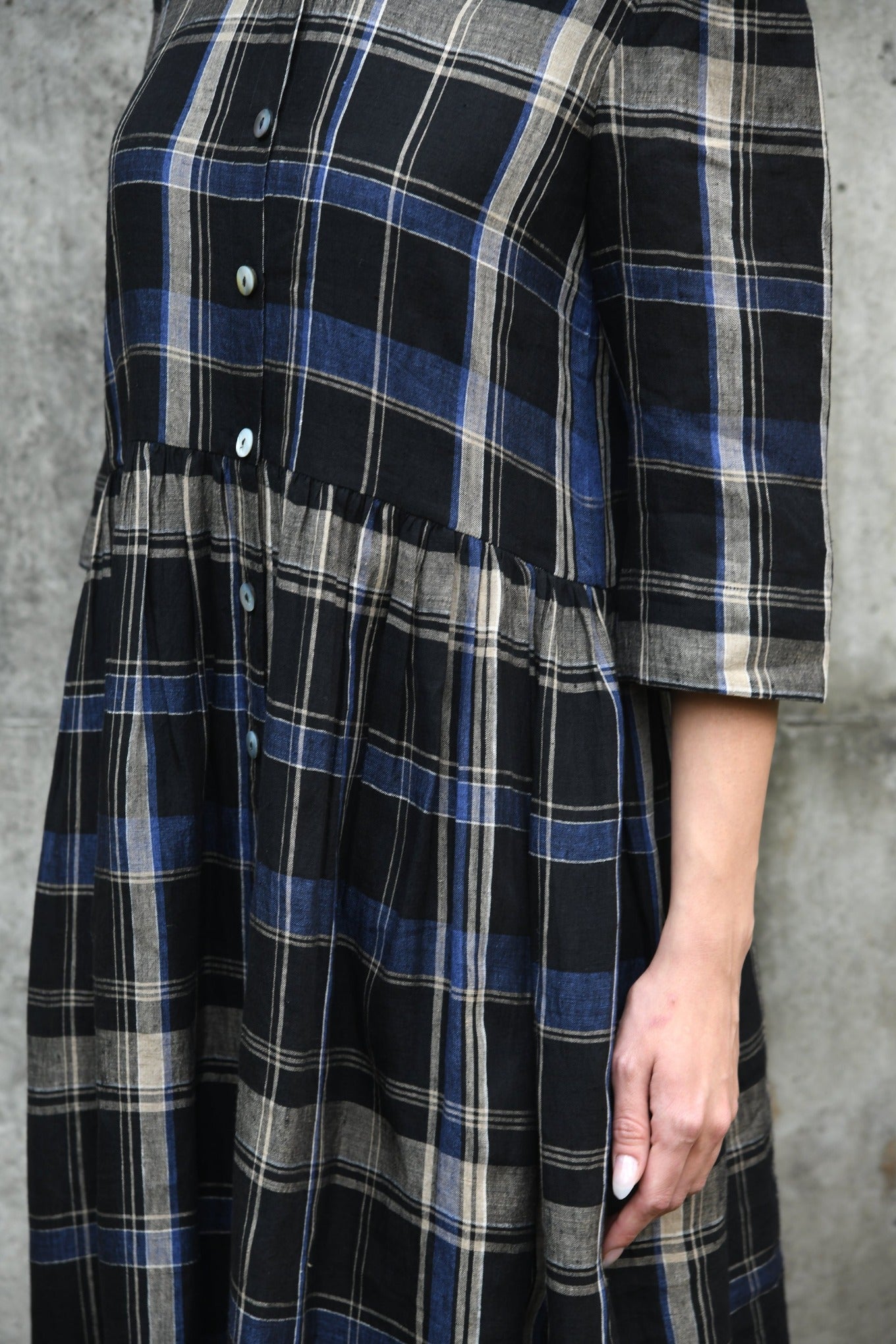 DVE indigo and black plaid linen button up shirt dress, Tara.