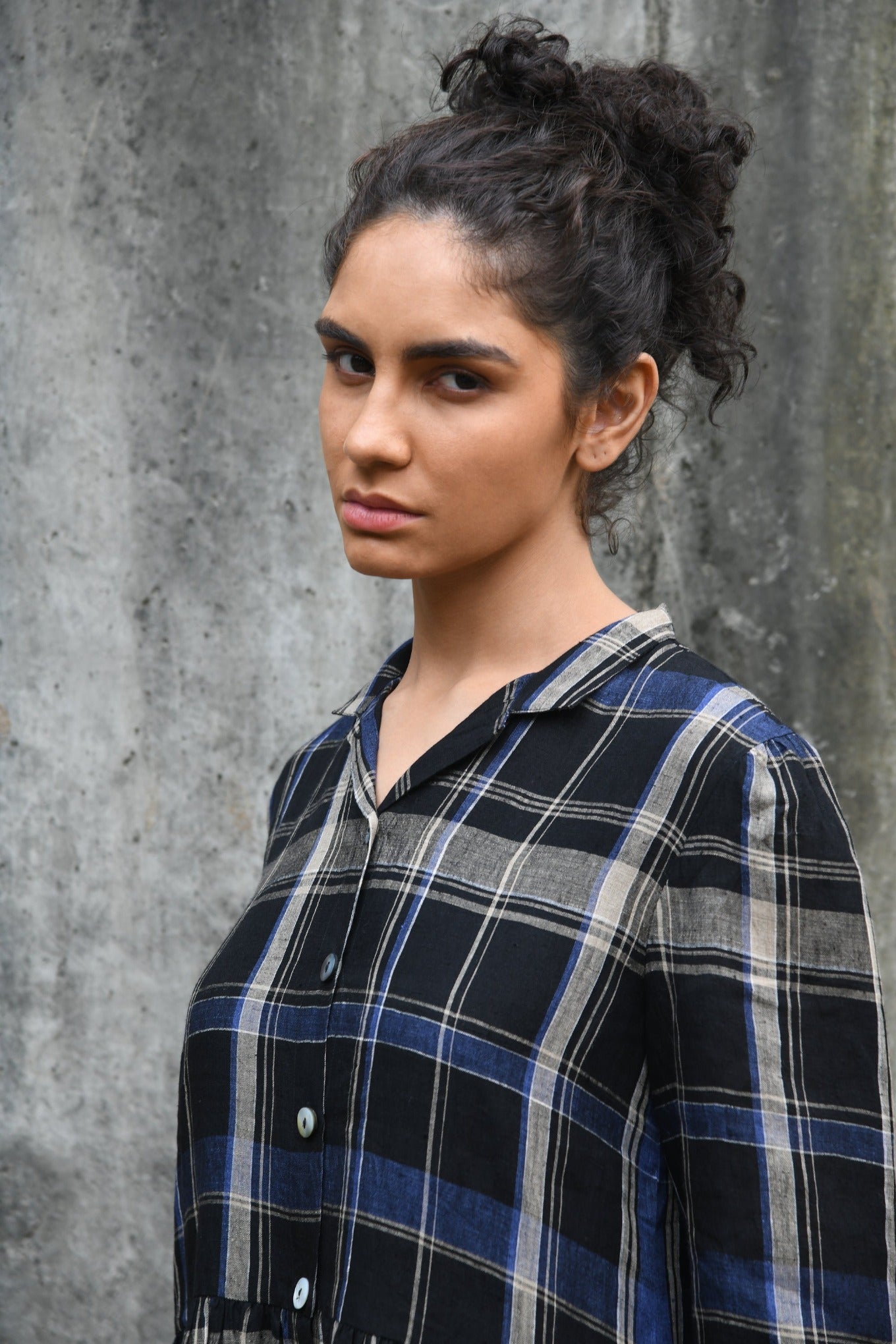 DVE indigo and black plaid linen button up shirt dress, Tara.