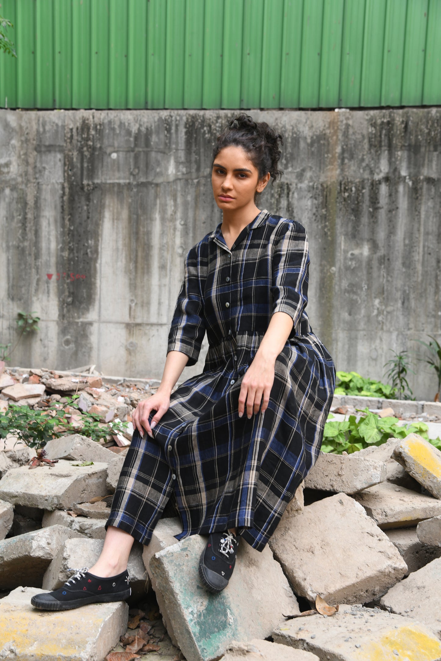 DVE indigo and black plaid linen button up shirt dress, Tara.