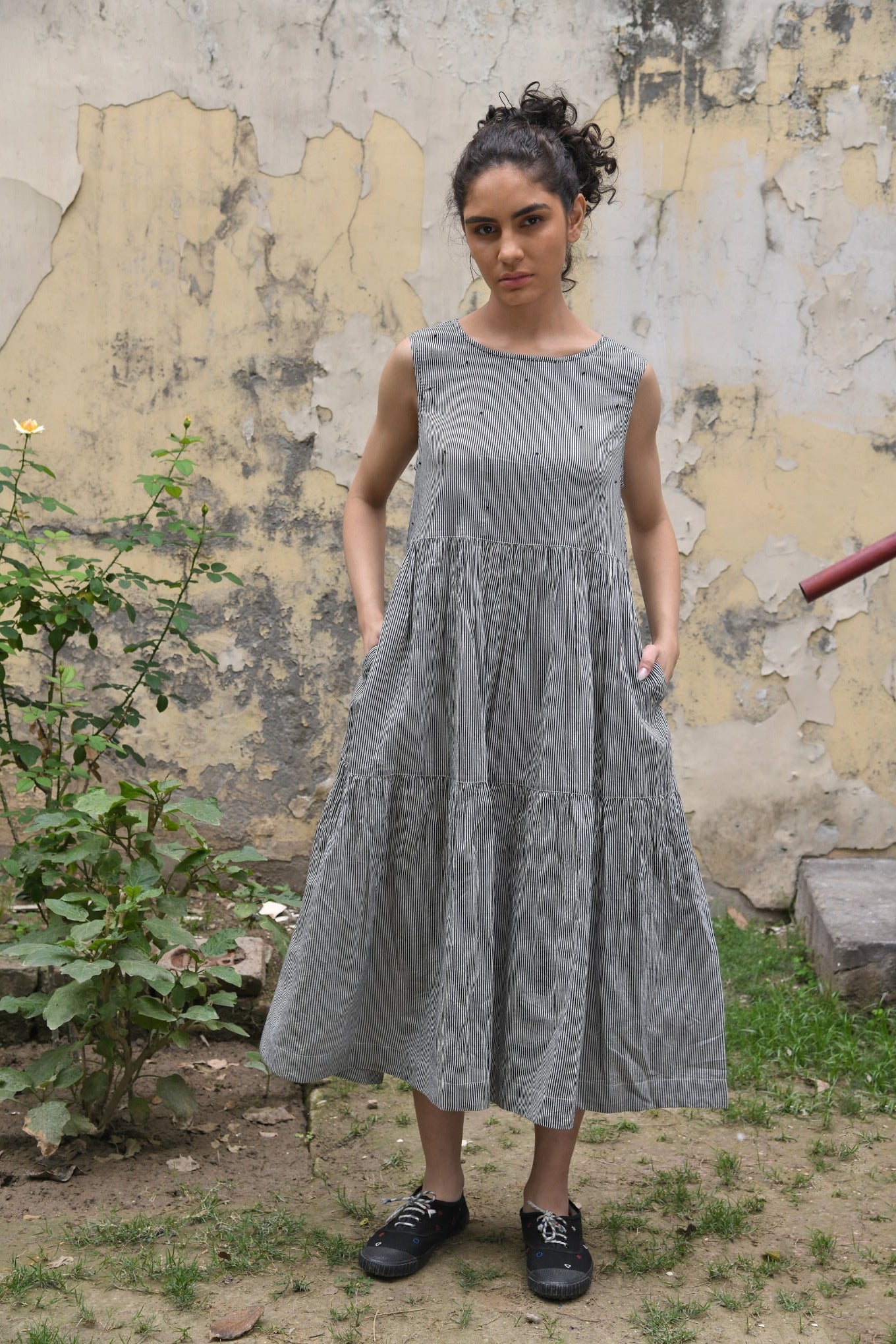 DVE fine black and white stripe silk cotton tiered sleeveless dress.