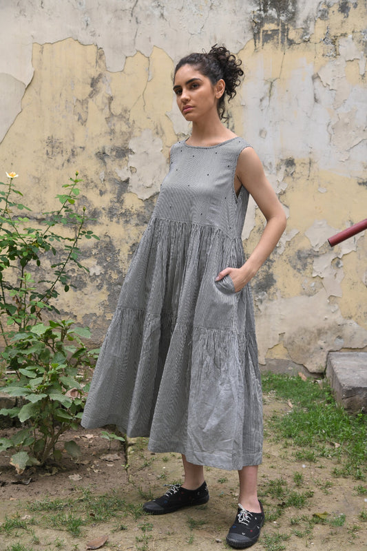 DVE fine black and white stripe silk cotton tiered sleeveless dress.