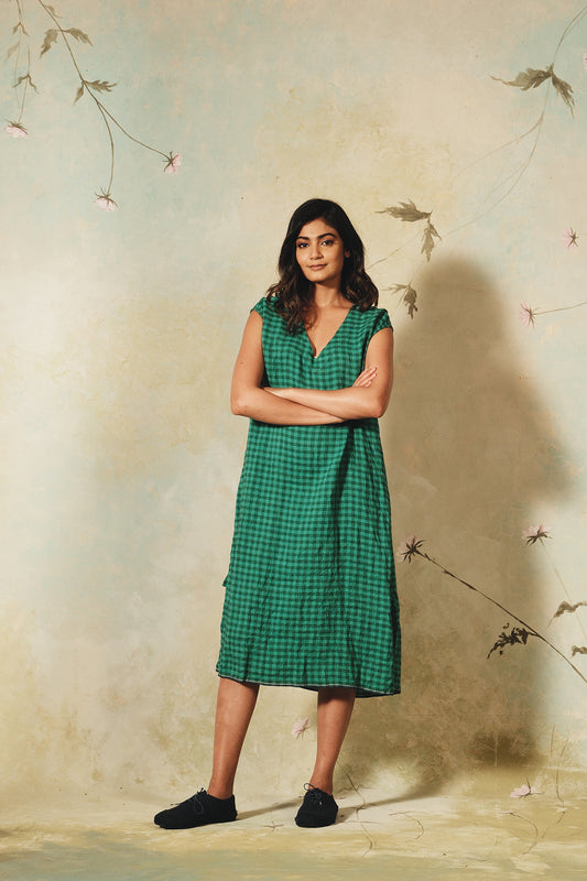 Dve emerald linen check Aparna dress.