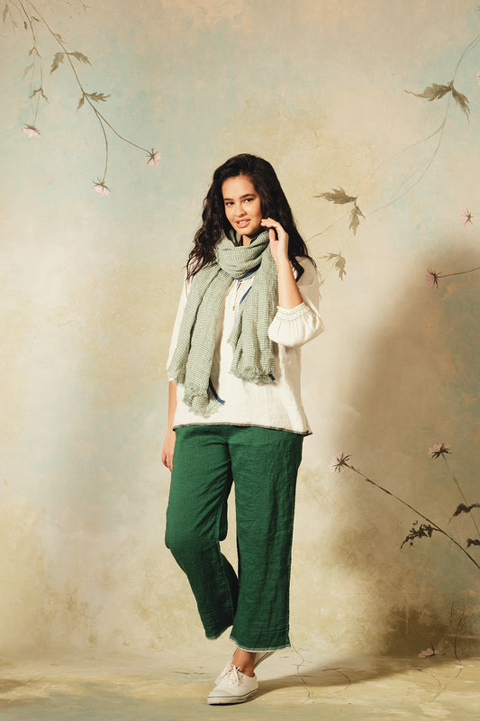 DVE handloom linen scarf in emerald green and white check.