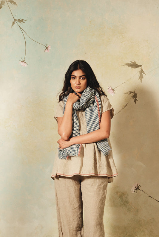 DVE handloom linen scarf in indigo and white check.
