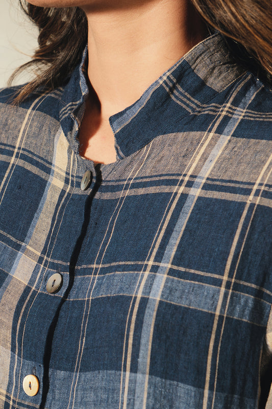 Dve Tara button up shirt dress in navy and beige check linen.