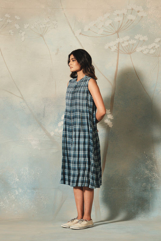 Dve Priti inidgo check handloom cotton sleeveless sundress.