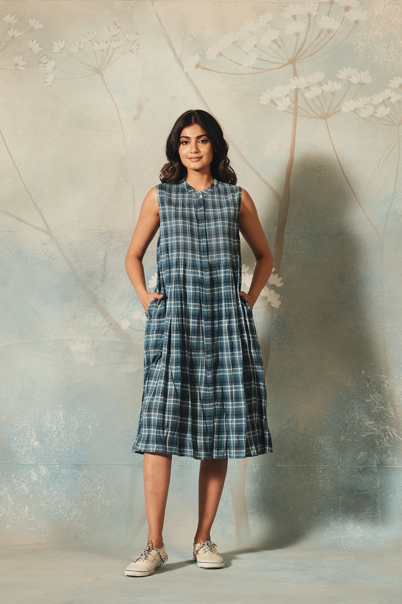 Dve Priti inidgo check handloom cotton sleeveless sundress.