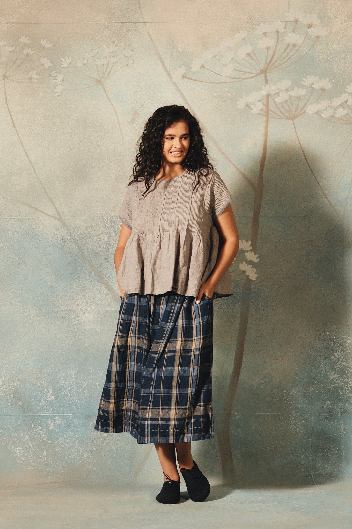 DVE Isha linen check skirt in navy and beige.