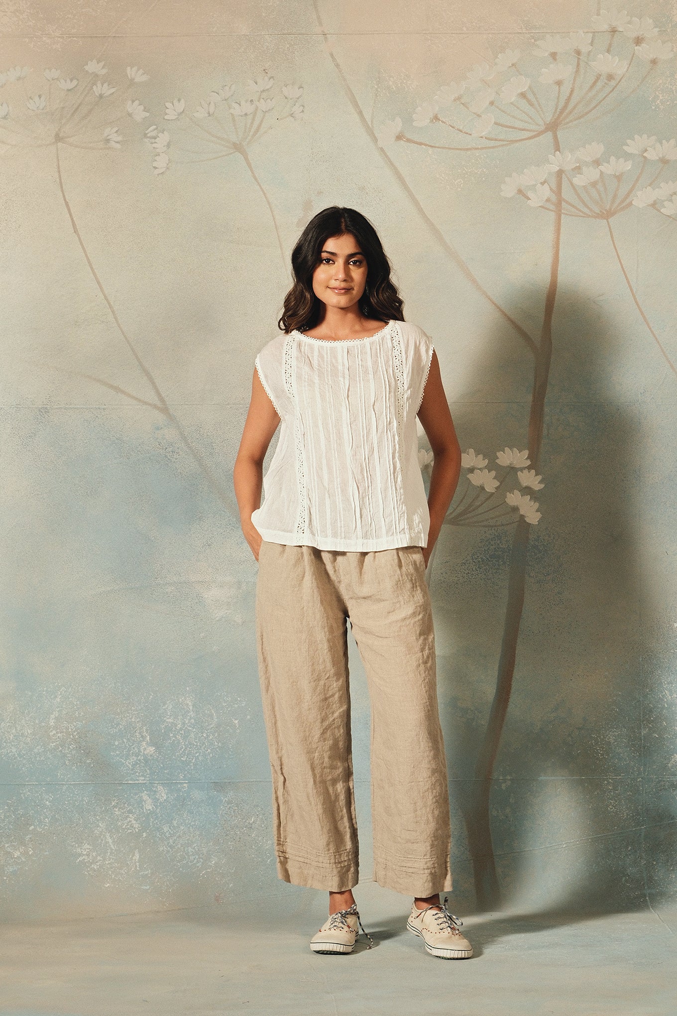 DVE Aishani white cotton voile top with lace insets.