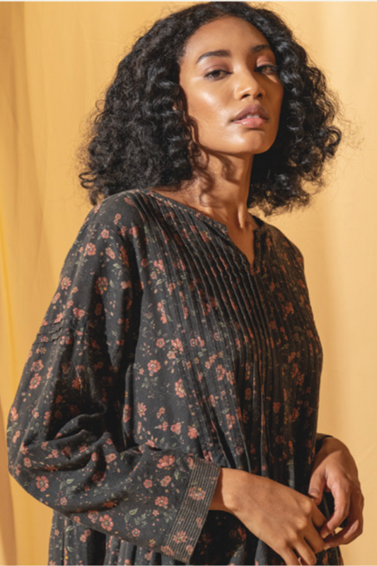 DVE Bhavya cotton linen floral print on charcoal long sleeve dress.