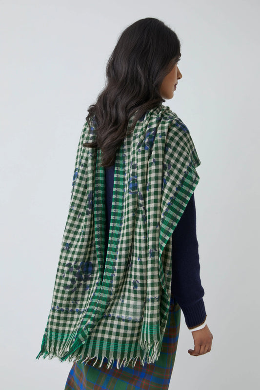 Moismont gingham Vichy scarf in British green and white, with floral print detail.
