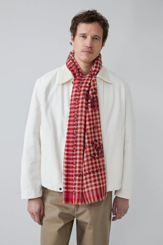 Moismont gingham Vichy scarf in Lipstick red and white, with floral print detail.
